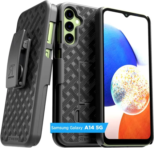 Vista 8 de Funda diseñada para Samsung Galaxy A14 5G con funda de clip para cinturón, funda de soporte para teléfono, color negro