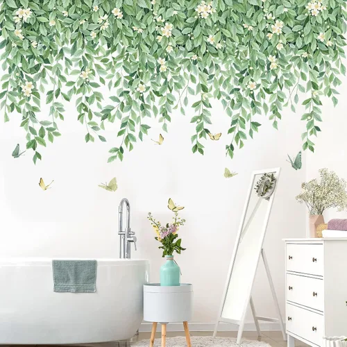 Vista 4 de Calcomanías de pared de hojas verdes, calcomanías de pared de vid colgantes, calcomanías de pared de flores de plantas, mariposas, calcomanías