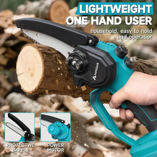 Vista 5 de Mini motosierra de mano inalámbrica de 6 pulgadas con engrasador automático, motosierra eléctrica portátil para cortar árboles/madera, bloqueo