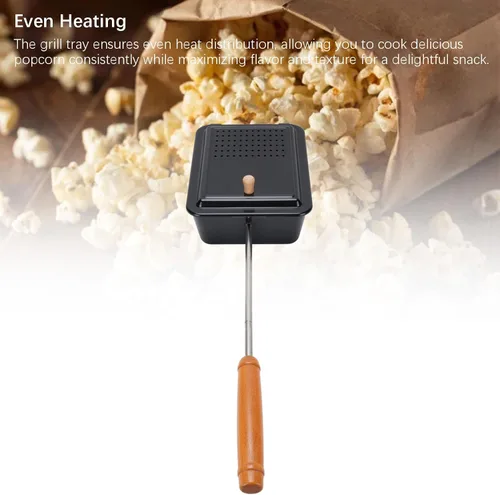 Vista 3 de Popcorn Popper - Máquina de palomitas de maíz con mango de madera de hierro fundido para patio trasero, caravana, camping y uso doméstico