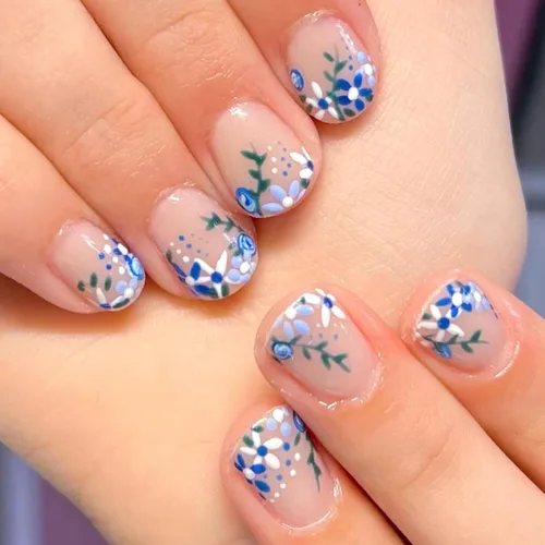 Vista 10 de Uñas postizas a presión con punta francesa, uñas postizas cuadradas cortas con diseños de cuentas de flores 3D, uñas blancas a presión, uñas Blanco