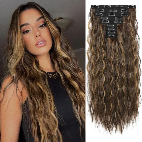 Vista 30 de REECHO Extensiones de cabello con clip, 5 piezas, de 24 pulgadas, de color rubio ceniza, extensiones de cabello con ondas largas y sueltas, HE002