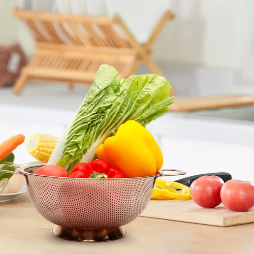Vista 7 de Colador de 3 cuartos de galón con asa, colador de metal para alimentos para fregadero de cocina, olla de pasta para fideos, verduras y frutas, acero