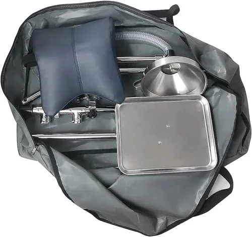 Vista 4 de Silla portátil plegable de cuero de microfibra con marco de acero inoxidable bandeja de instrumentos para transfusión, salón de belleza, descanso