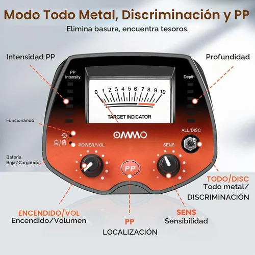Vista 2 de OMMO Detector de metales para adultos, buscador de tesoros de alta Naranja