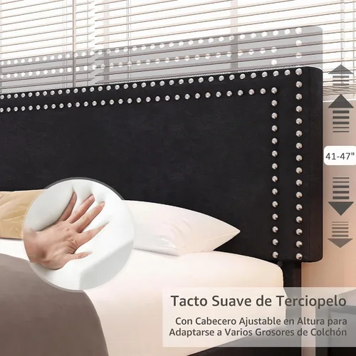 Vista 4 de Marco de cama de plataforma tamaño completo con cabecera tapizada ajustable, base de colchón moderna, soporte fuerte de listones de madera,