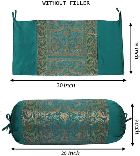 Vista 4 de Funda de almohada rectangular de seda brocado de jacquard étnico para yoga, cilíndrico, perrito caliente, tubo verde oscuro, sala de estar
