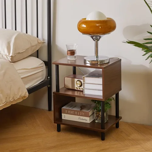 Vista 5 de Aibiju Mesita de Noche Minimalista Ligera - Nogal Mesa Auxiliar Pequeña con Almacenamiento Abierto, Mesa Auxiliar Pequeña para Dormitorio, Nogal
