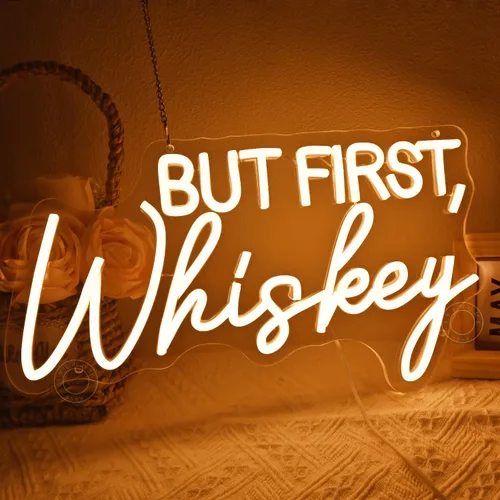 Vista 2 de SYLHOME Letrero de luz LED de neón "But First Whiskey", para el hogar, bar, dormitorio, pub, letrero de pared, decoración de boda, cumpleaños