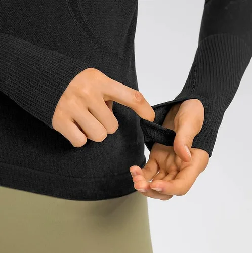 Vista 2 de Camiseta sin costuras para mujer, de manga larga, perfecta para yoga, gimnasio, para deportes y fitness, ajuste entallado