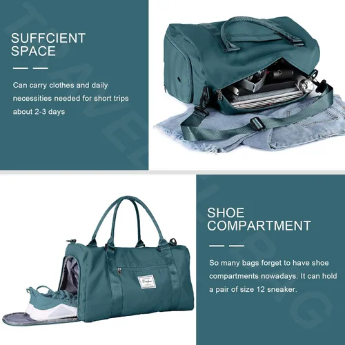 Vista 7 de Bolsa de gimnasio para mujeres y hombres bolsa de viaje deportiva con compartimento para zapatos y bolsillo húmedo A-pavo real-azul