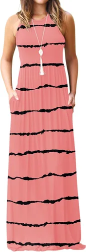 Vista 31 de DEARCASE Vestido largo de verano sin mangas para mujer, con bolsillos E10-floral Negro Azul