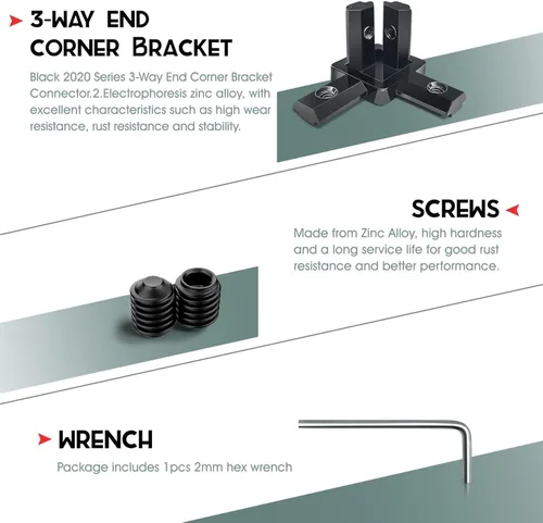 Vista 2 de 12 conectores de soporte de esquina de extremo de 3 vías negro serie 2020 con tornillos + 1 llave para ranura de 0.236 in, accesorios de riel