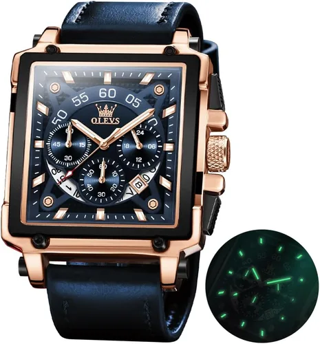 Vista 11 de OLEVS Relojes cuadrados para hombre, cronógrafo de cuero marrón, reloj de negocios de moda, luminoso, impermeable, relojes de pulsera casuales