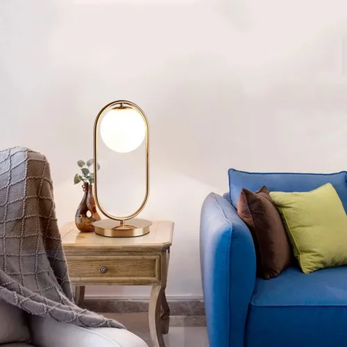 Vista 4 de Globo lámpara de mesa dorada lámpara de mesa moderna de mediados de siglo lámpara de mesa de cristal blanco lámpara de mesa pequeña lámpara de mesa