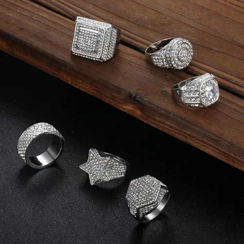 Vista 2 de FIASASO 6 anillos chapados en oro de 18 quilates para hombres, anillo de imitación de diamantes de imitación para helados, anillo redondo de hip hop