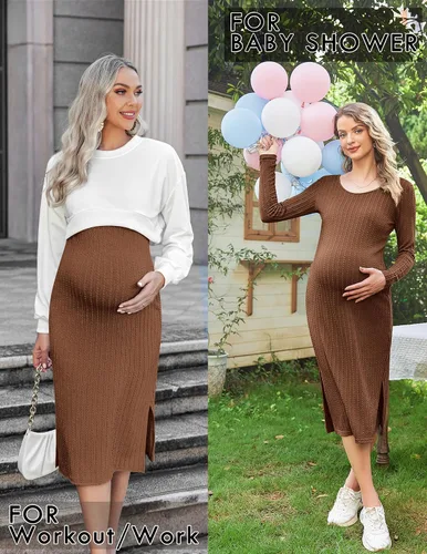 Vista 3 de Ekouaer Maternity Dress Rib Knit Long Sleeve Side Slit Bodycon Dresses Pregnancy Baby Shower Clothes S-XXL