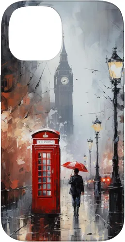 Vista 4 de Funda para iPhone 16 Wet London Iconic Red Phone Booth Clocktower Art Cover Phone Case
