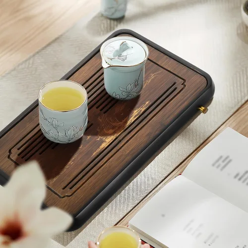 Vista 8 de Ufine Bandeja de té de gongfu de bambú de 15 pulgadas con drenaje de almacenamiento de agua Bandeja de servir de té chino Kung Fu Bandeja de mesa