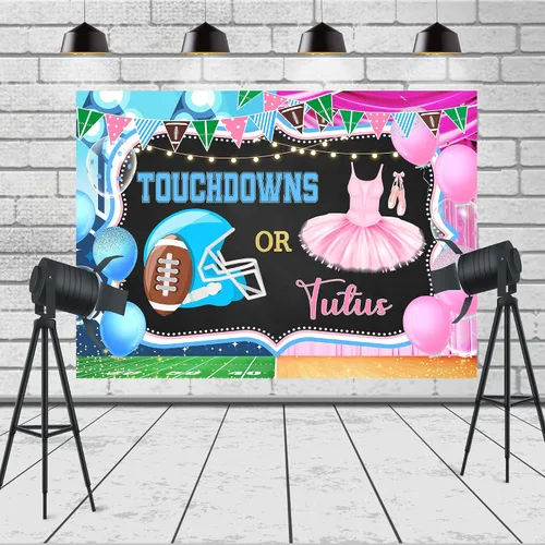 Vista 3 de Touchdowns o tutus Gender Reveal telón de fondo 7 pulgadas de ancho x 5 pies de alto, tela de poliéster, rosa, azul, fútbol americano, anuncio