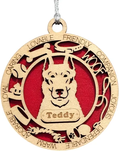 Vista 214 de Adorno de Navidad personalizado para perro Cavalier King Charles Spaniel, redondo de 3 pulgadas, madera cortada con láser de 2 capas, nombre y texto