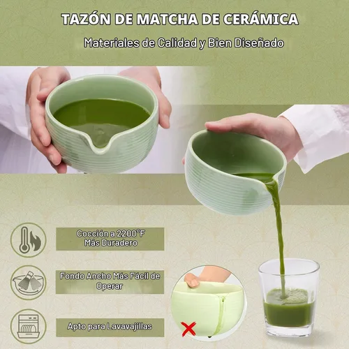 Vista 3 de Batidor y cuenco de matcha con soporte de batidor de cerámica, tamiz de matcha, cuchara y cuchara de matcha hecho a mano de bambú natural, kit
