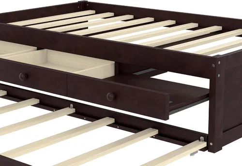 Vista 9 de Cama de plataforma individual con nido y cajones de almacenamiento, sofá cama de madera maciza con tomas de corriente y listones completamente