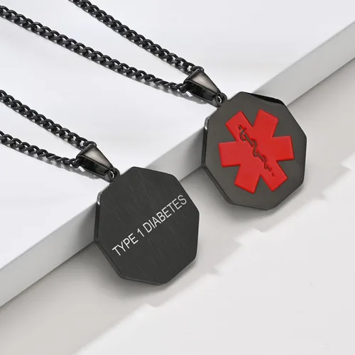 Vista 101 de VNOX Collar con colgante personalizado de acero inoxidable con grabado personalizado para identificación de alerta médica de emergencia para hombres