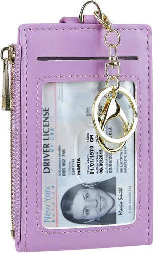 Vista 14 de Tarjetero de cuero para mujer, con bloqueo RFID, delgado y pequeño, con cremallera, llavero, bolsillo frontal, con 2 ventanas para identificación
