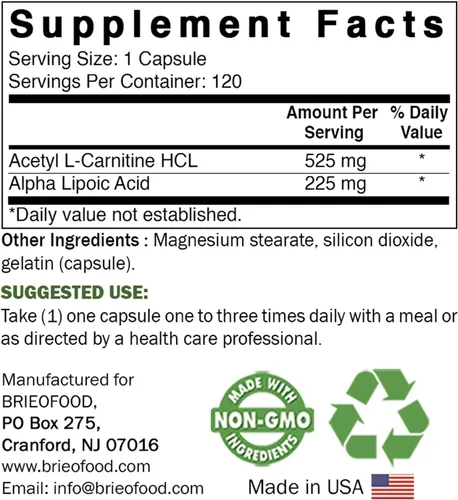 Vista 2 de Brieofood Acido acetil L-carnitina alfa lipoico (ALA ALC) 750 mg 120 Cápsulas