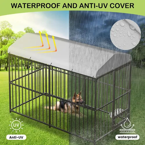 Vista 3 de GarveeTech Jaula para perros de 8 x 4 x 6 pies, jaula de metal resistente con cubierta superior impermeable, cuenco de alimentación giratorio