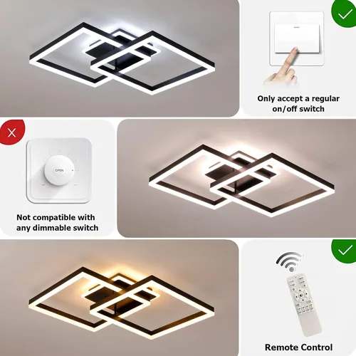 Vista 6 de Lámpara de techo LED moderna, regulable de 2 cuadrados con control remoto, lámpara de techo de metal acrílico empotrada para sala de estar