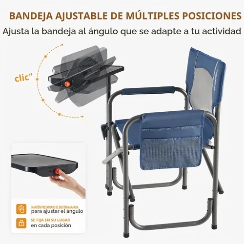 Vista 5 de Portal Silla de director plegable con mesa auxiliar giratoria de 2 vías, silla de campamento resistente de 300 libras con bandeja giratoria y Azul