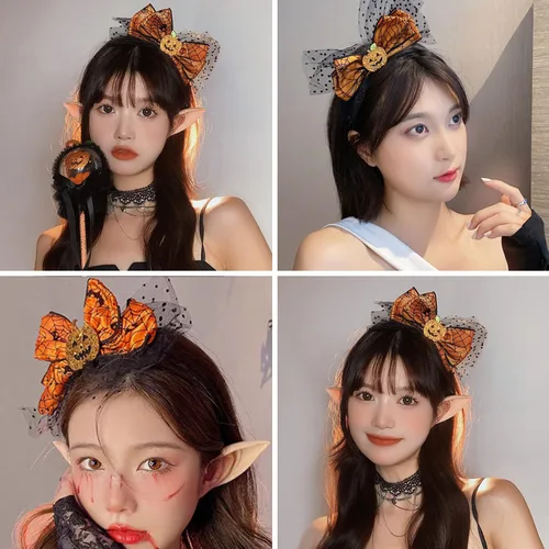 Vista 7 de Diadema de lazo de Halloween con diseño de calabaza con diseño de malla Headands Ornage para Acción de Gracias, fiesta de Halloween, accesorios