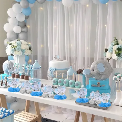 Vista 5 de ZHUOWEISM 6 piezas de centro de mesa de panal de elefante azul para It's a Boy Elephant Theme Reveal Género Reveal Baby Shower Niños Niños Fiesta