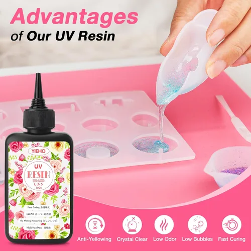 Vista 3 de YIEHO Kit de resina UV de 10.58 oz con luz y moldes, kit de fabricación de joyas de resina premezclada endurecida transparente mejorada