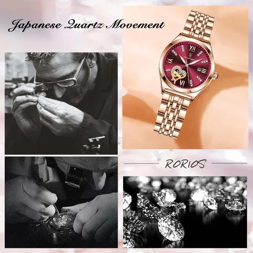 Vista 4 de RORIOS Reloj mecánico automático con correa de acero inoxidable, reloj luminoso de cuerda automática para mujer