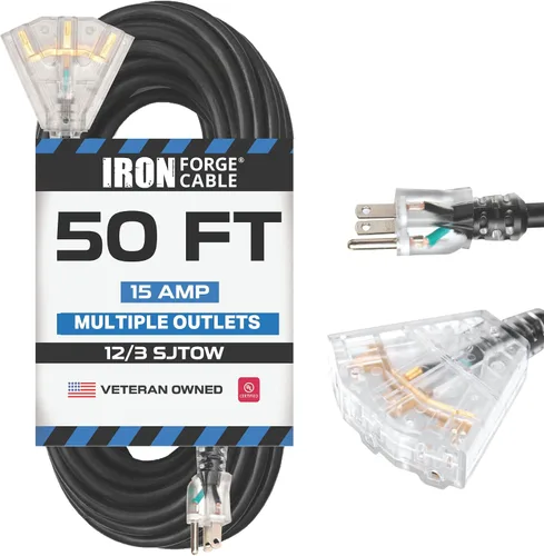 Vista 9 de Iron Forge Cable Cable de extensión de calibre 12 con múltiples tomas, cable de extensión negro resistente de 6 pies - SJTOW 12/3, cables de salida