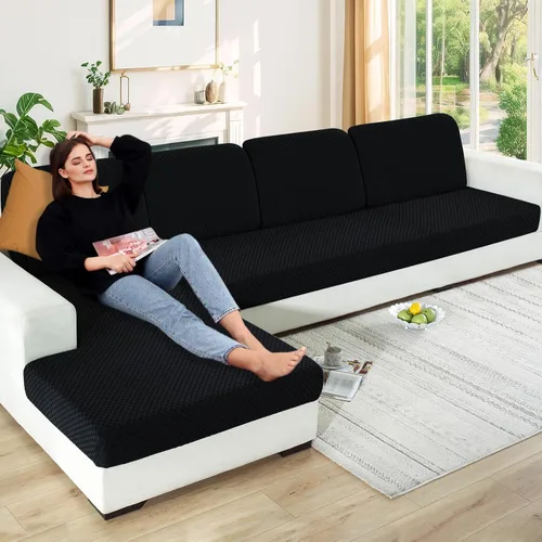 Vista 75 de YEMYHOM Funda de cojín para sofá, funda de cojín de asiento de alta elasticidad, tela jacquard geométrica de felpa, protector de sofá antideslizante