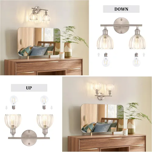 Vista 64 de Shenmoyl Lámparas de baño, lámpara de pared de 2 luces para tocador sobre espejo con pantalla de vidrio tulipán blanco para dormitorio, sala