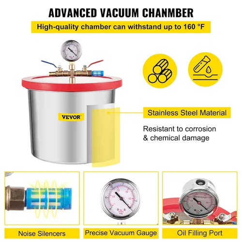 Vista 6 de VEVOR Cámara de vacío con bomba, bomba de vacío de 4CFM 1/3HP con cámara de vacío de alta capacidad de 2 galones, kit de cámara de bomba de vacío