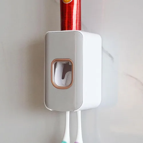 Vista 32 de Soporte de plástico para cepillos de dientes de 2 ranuras y dispensador de pasta de dientes montado en la pared, exprimidor automático de pasta