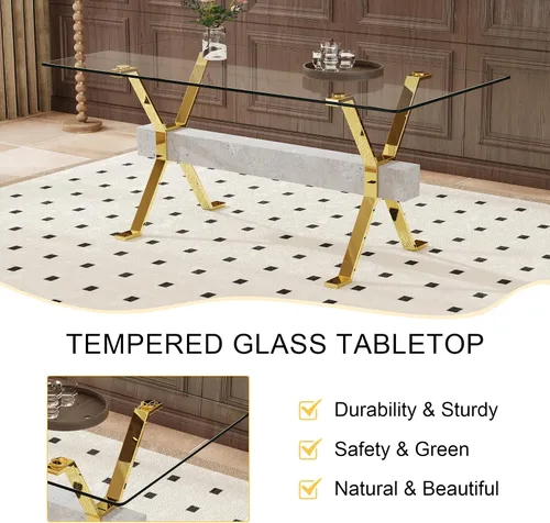 Vista 6 de Dining Table. Modern Tempered Glass Dining Table. Large Modern Office Desk with Gold Plated Metal Legs and Gray crossbars, Suitable for Both Home