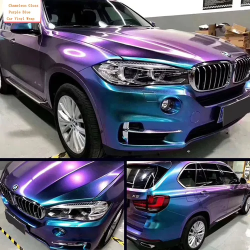 Vista 6 de Vinilo adhesivo de coche de color morado metálico brillante a azul camaleón, cinta adhesiva de película adhesiva de liberación de aire