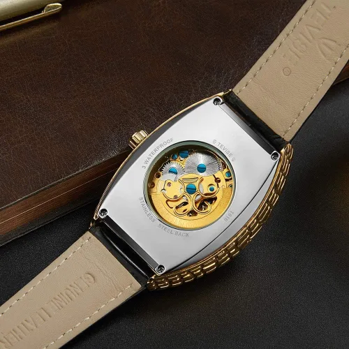 Vista 6 de Gosasa Reloj mecánico de lujo para hombre, reloj rectangular de cuero negro, casual, automático, para hombre, Azul plateado