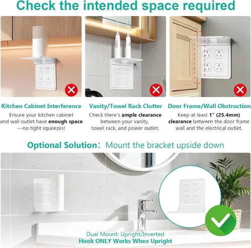 Vista 8 de WALI Repisa de doble enchufe de pared – Estante de baño dúplex para cepillo de dientes eléctrico, HomePod Mini, Echo Dot y carga de teléfono – blanco