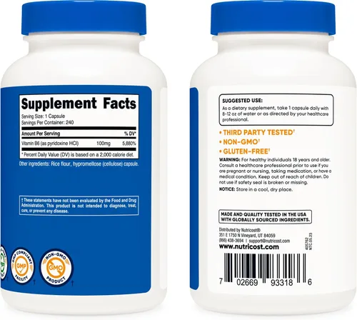 Vista 4 de Nutricost Vitamina B6 (Piridoxina HCl) 100 mg, 240 Cápsulas (2 Botellas)