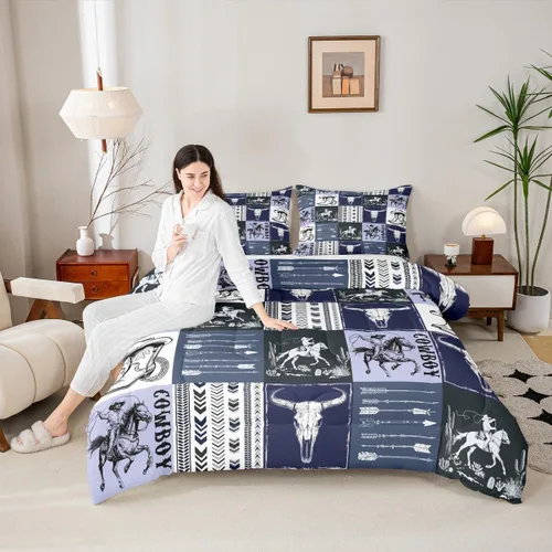 Vista 35 de Manfei Juego de edredón de vaquero occidental tamaño individual, juego de ropa de cama con estampado de calavera de toro, caballo y flecha, 2 piezas