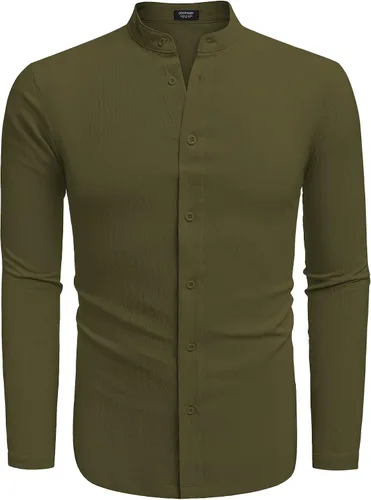 Vista 4 de COOFANDY Camisa de lino para hombre, manga larga, ajuste regular, con botones, informal, para la playa, sin cuello