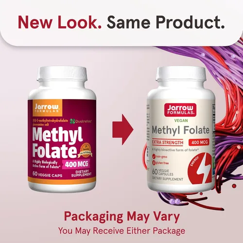 Vista 2 de Jarrow Formulas Folato de metilo extra fuerte 400 mcg, suplemento dietético para apoyo de salud cardiovascular y neurológica, 60 cápsulas vegetales